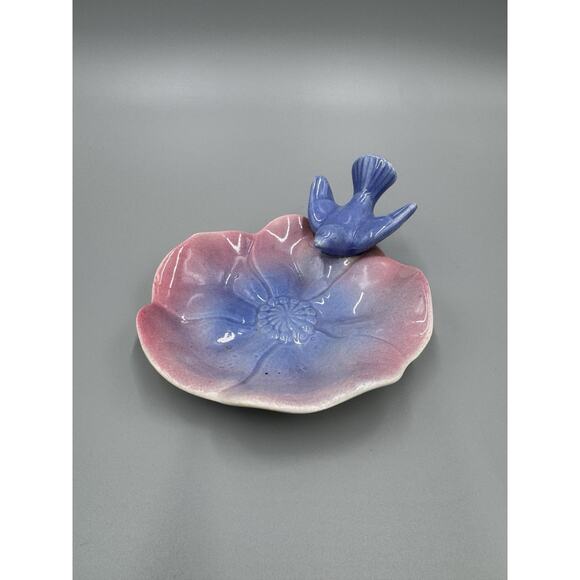 Vintage Royal Copley Trinket Dish Blue & Pink Bird Flower Soap Dish - Picture 1 of 8